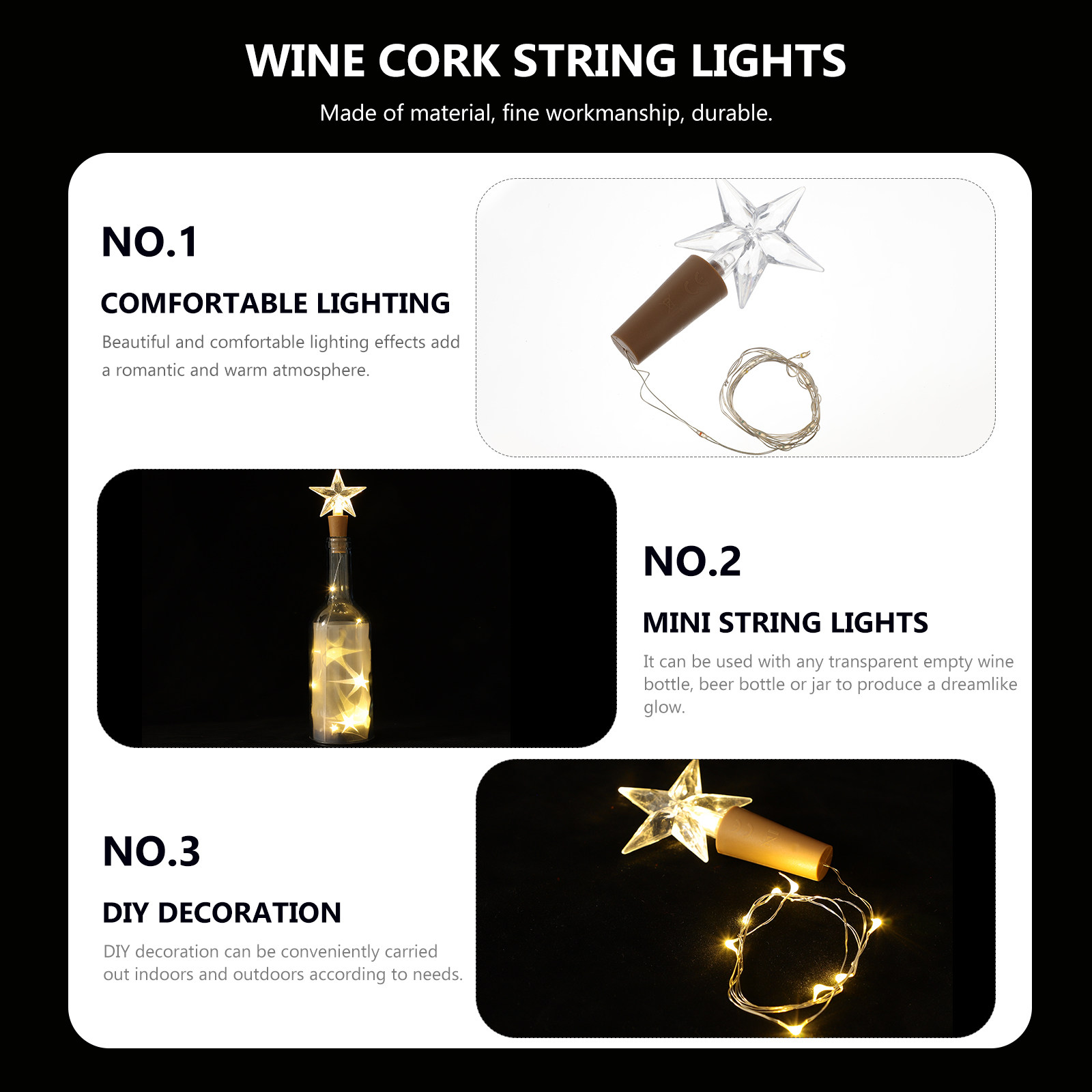Decor Lighting Cork - 2 stuks kurk LED-lichtslingers voor wijnflessen,