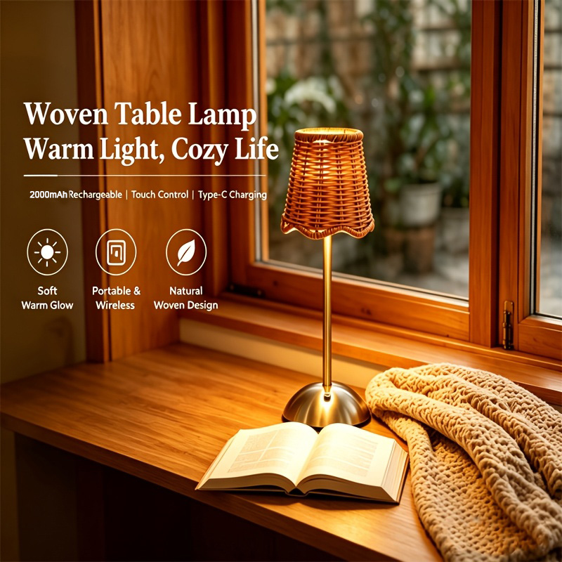 Room Decor Lighting Lamp - Boheemse geweven rotan kunsttafellamp, 3-niveau dimbaar,