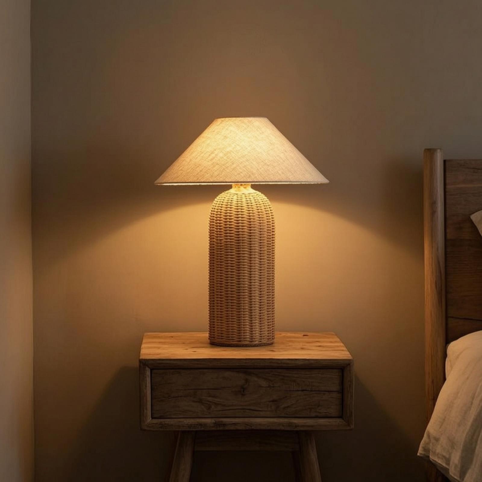 Room Decor Lighting Lamp - Bedlampje met rotan voet en stoffen